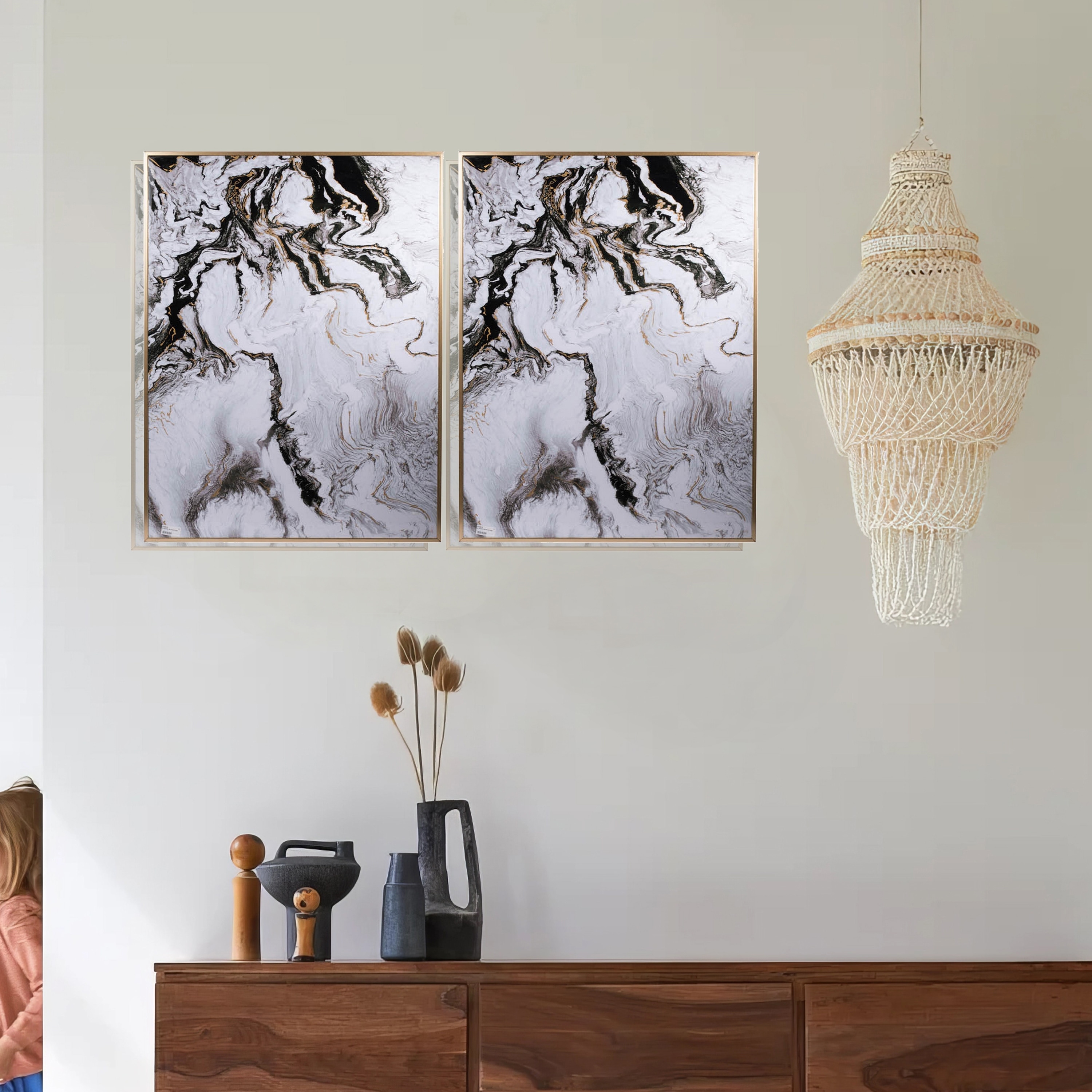 30 x 40 Set of 2 Wall Panels, Home Decor, White Black Marble Design