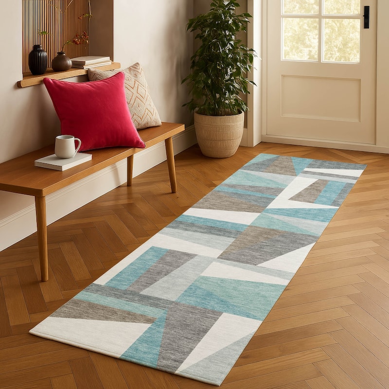 Machine Washable Indoor/ Outdoor Contemporry Mosaic Chantille Rug