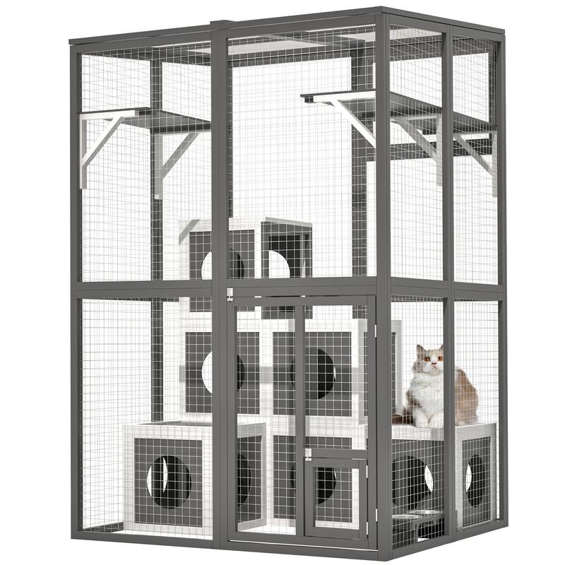 Outdoor Wooden Cat Catio - Large Walk-In Playpen with 2 Platforms & 7 Napping Houses, Grey