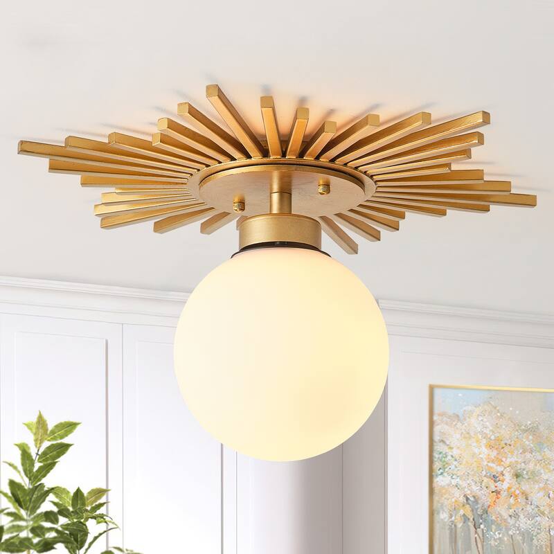 18" Antique Brass 1-Light Glass Globe Semi Flush Mount Ceiling Light