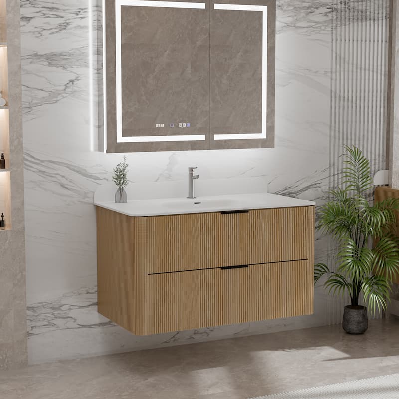 Modland Fluted Floating Vanity with Sink, Plywood Wall Mount Cabinet, Curved Edge, 24/30/36 Inch - 36 inch - Oak