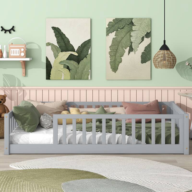 Twin Size Floor Bed with Fence without Door, Rubber Wood Floor Bed with Safety Guardrails - Grey