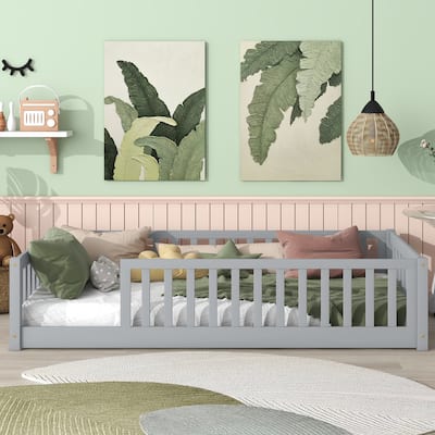 Twin Size Rubber Wood Floor Bed - Fence (No Door) & Safety Guardrails