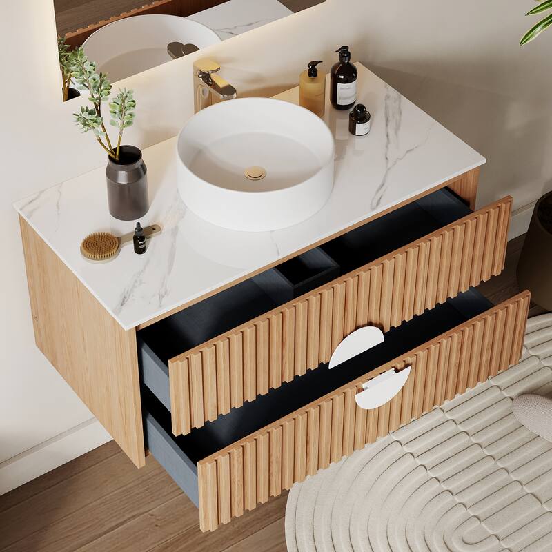 35.43" Floading Single Bathroom Vanities, with 2 Drawers, Glossy Sintered Stone Top, Light Wood