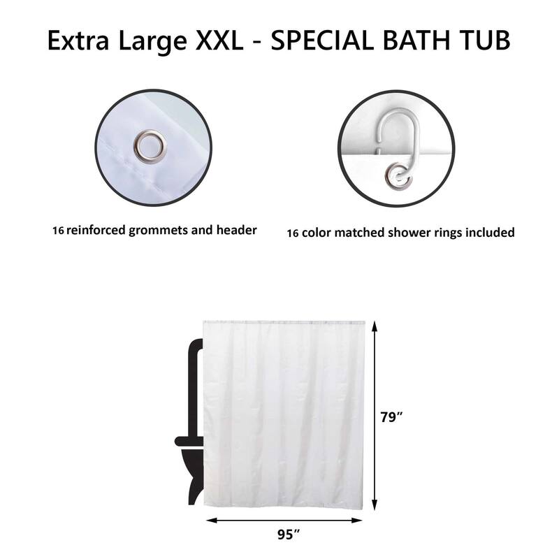 White Extra Wide Shower Curtain Polyester 16 Rings 95"W x 79"L