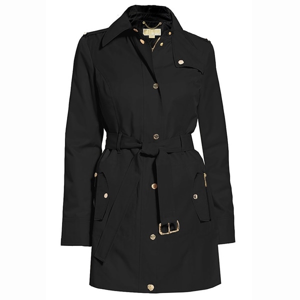 Michael Kors Womens Black Hooded Belted Trench Coat Jacket