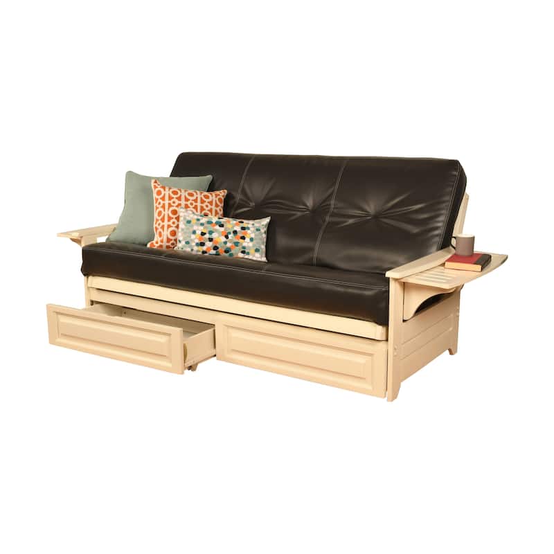 Somette Phoenix Futon Set in Antique White Wood with Innerspring Mattress and Storage Drawers
