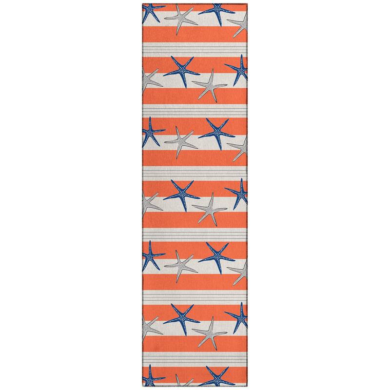 Indoor/ Outdoor Surfside Starfish Stripes Washable Rug New - Coral - 2'3" x 7'6"