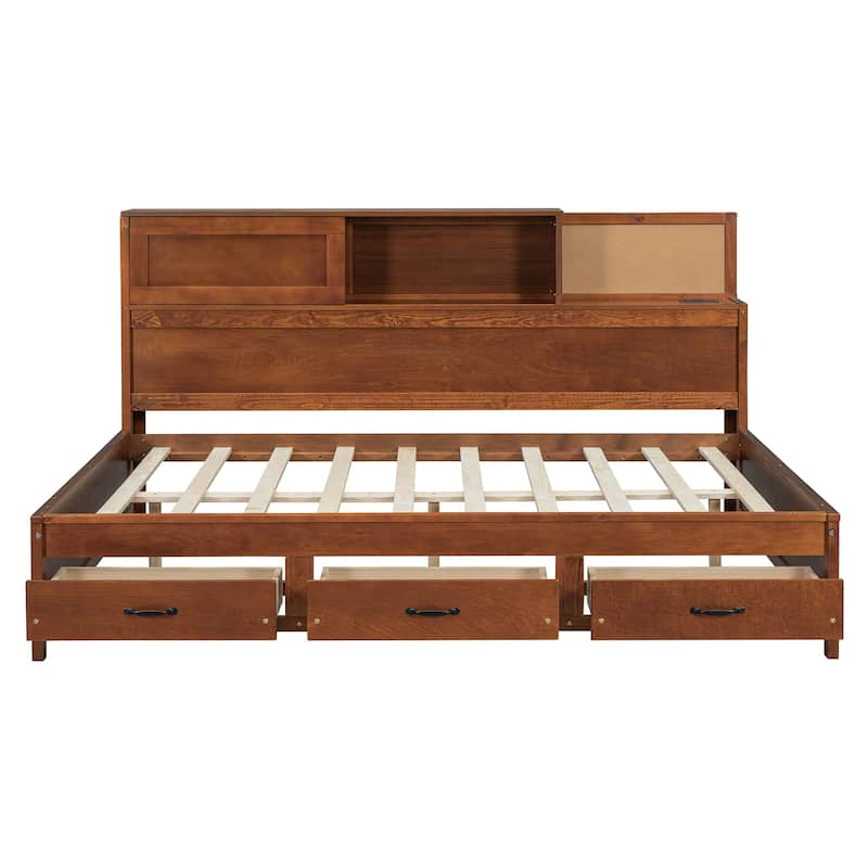 Full Size Wooden Daybed with Storage Drawers, USB Ports, and Shelf in Walnut