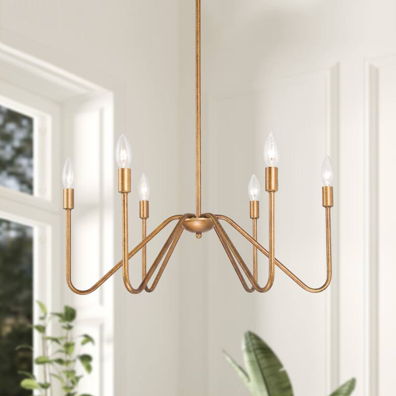 Industrial Rustic Curved Armed Metal Chandelier 6-light Wheel Lighting for Dining Room Kitchen Entryway - AntiqueBrass