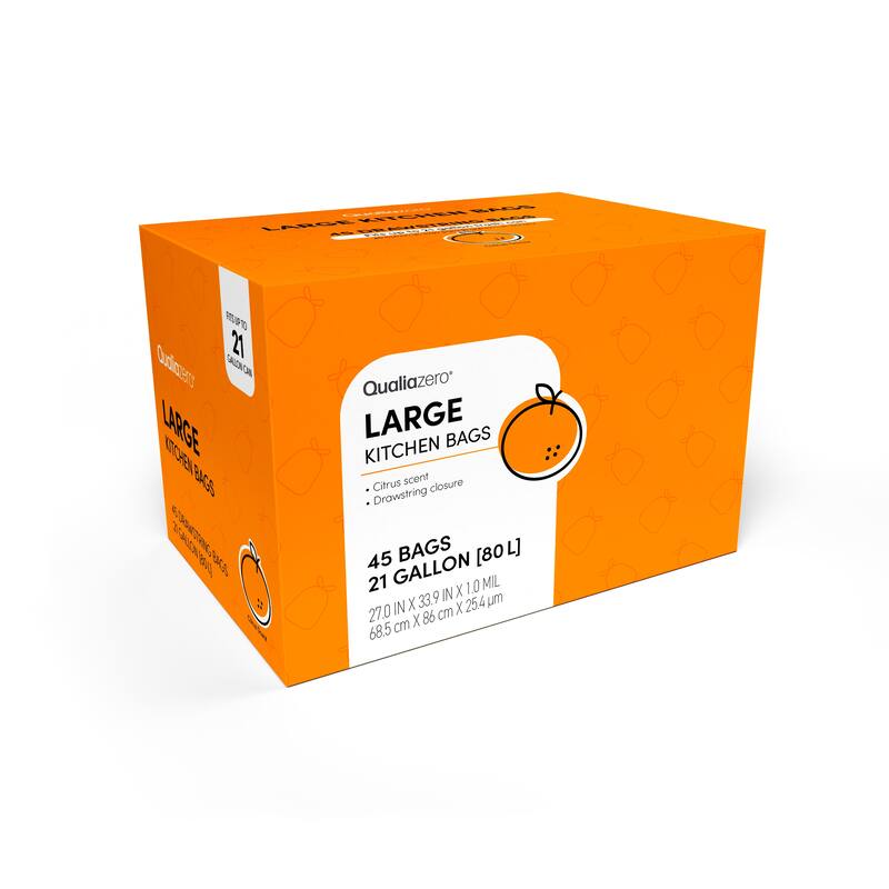Qualiazero 21 Gallon Drawstring Trash Bag - 45 Bags - Scented or unscented - White - Citrus