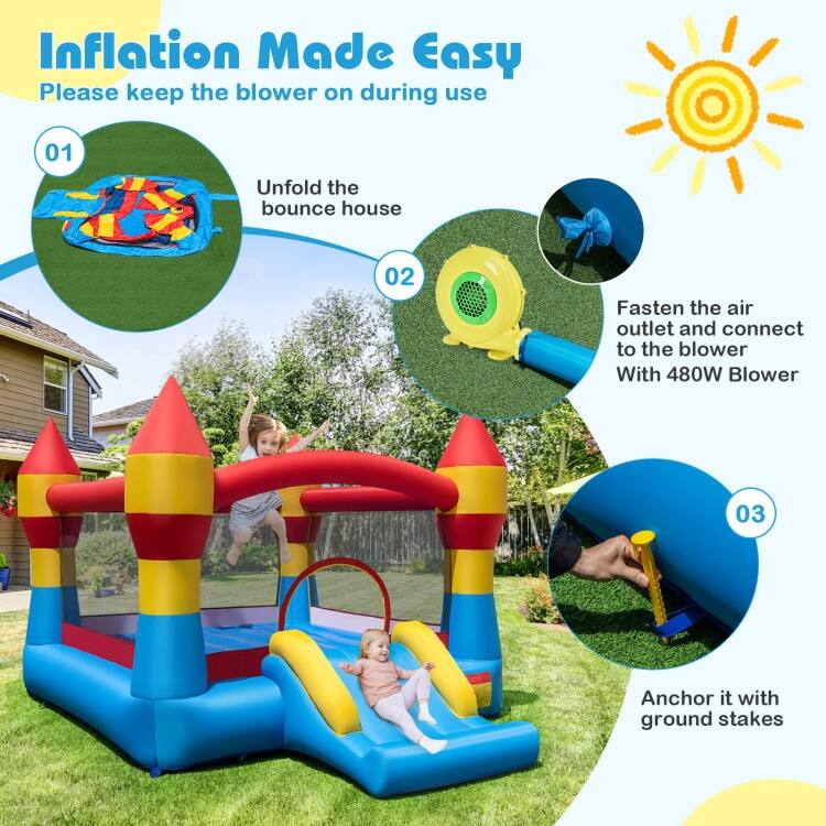 3-in-1 Inflatable Bounce House with Slide, Jumping Area & Basketball Hoop - 149.5" x 110" x 87"
