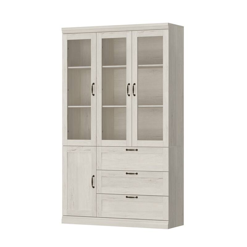 Bookcase Cabinet with Glass Doors and Drawers Multi-Purpose Storage Display Hutch for Living Room or Dining Room