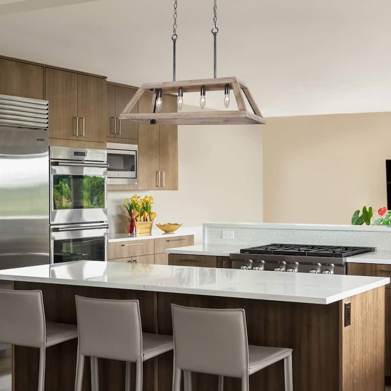 Farmhouse 4-Light Wood Airy Frame Chandelier for Kitchen Island Dining Room - L28" xW12.2 "xH7.5"