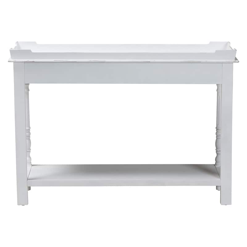 Rafferty Distressed Console Table - Vintage White Accent Table with Ornate Carved Apron and Shelf, Classic Entryway Table