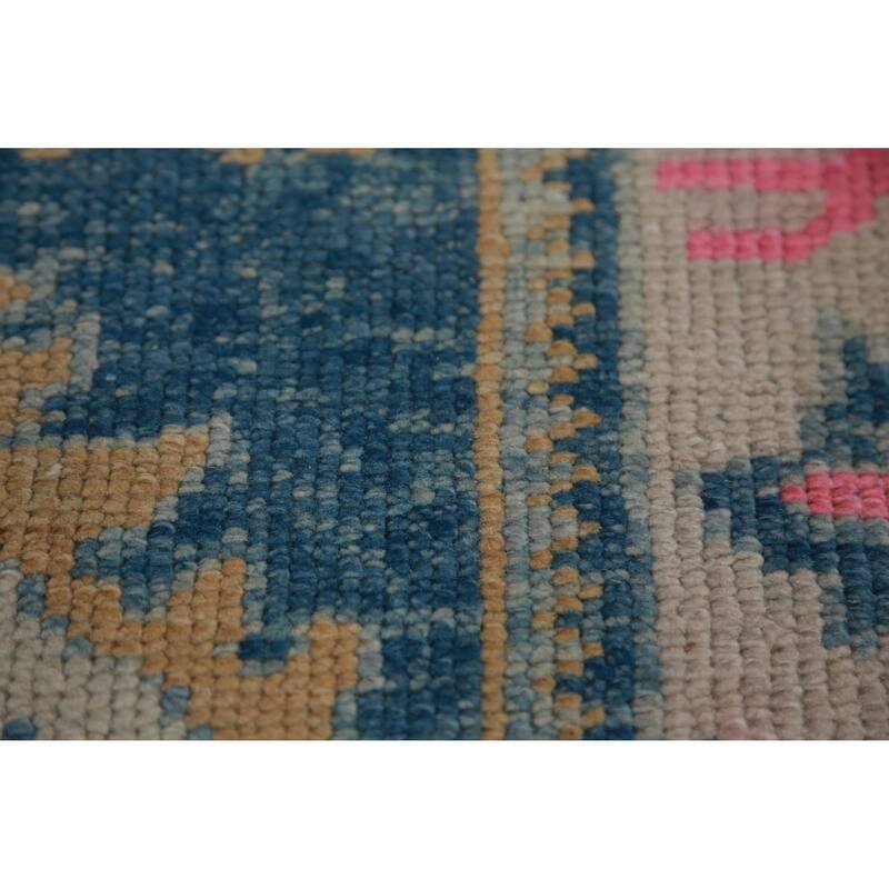 Hand Knotted Oriental 100% Wool Carpet Transitional Floral Navy Blue & Blues Oushak Runner Rug - 15' 10'' X 3' 2''