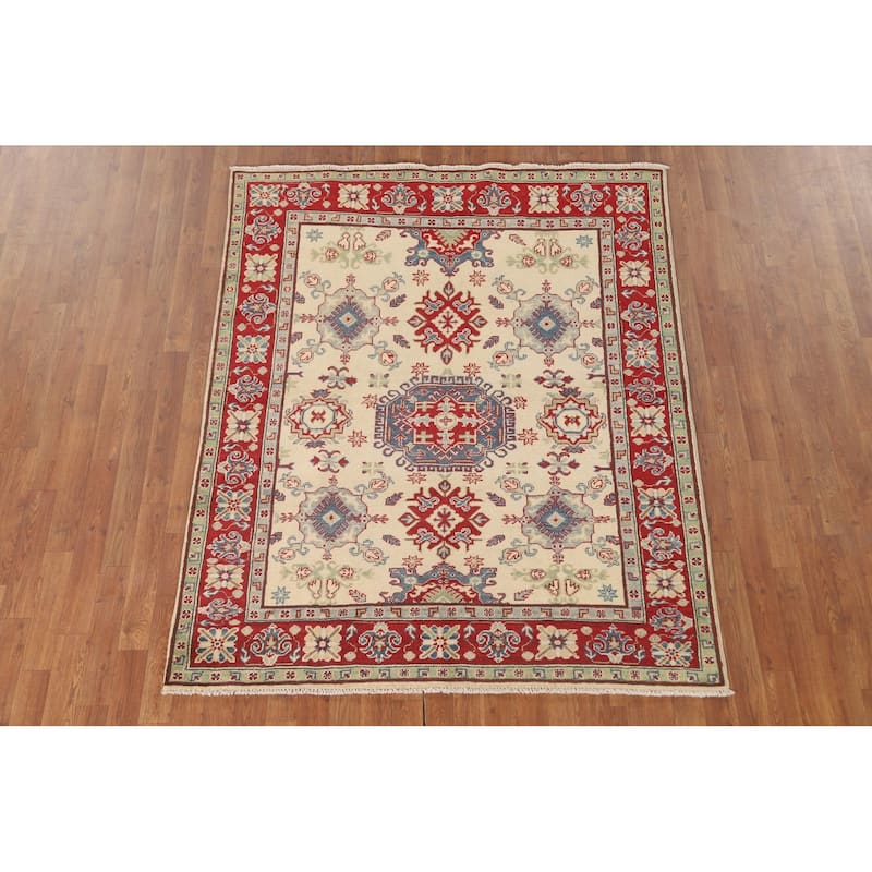 Geometric Beige Kazak Area Rug Hand-Knotted Traditional Wool Carpet - 5'0" x 6'3"