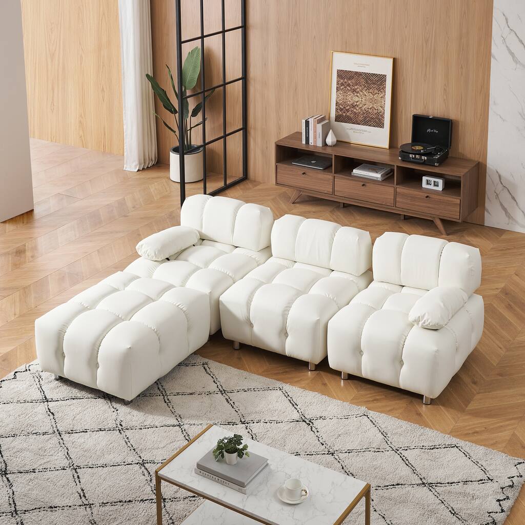 White 90.6'' Waterproof Foldable 3-Seater Sofa with Chaise, Stain-Resistant and Cat Scratch-Proof Design