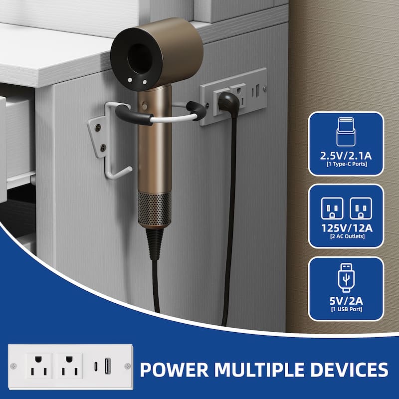 Moasis Large White Vanity Desk with 11 Drawers Mirror Lights USB and Type C Ports for Bedroom