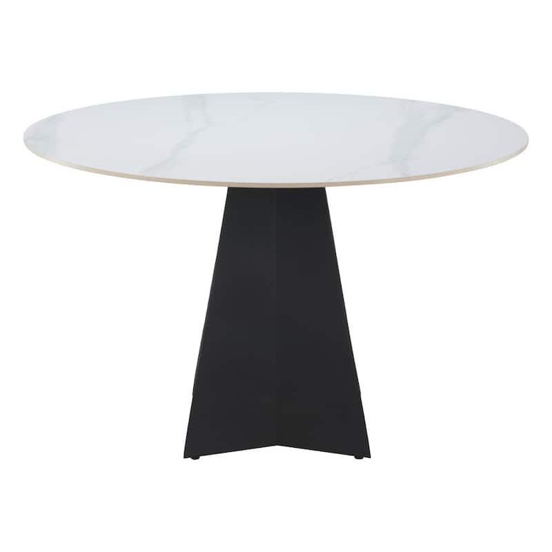 HomeRoots 48" White and Black Sintered Stone and Steel Pedestal Base Round Dining Table - 48.00 in. x 30.10 in. x 48.00 in.