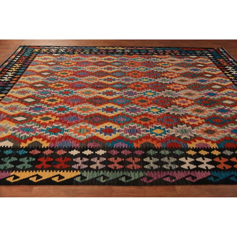 All-Over Geometric Kilim Area Rug Hand-Woven Wool Carpet - 8'11"x 11'5"