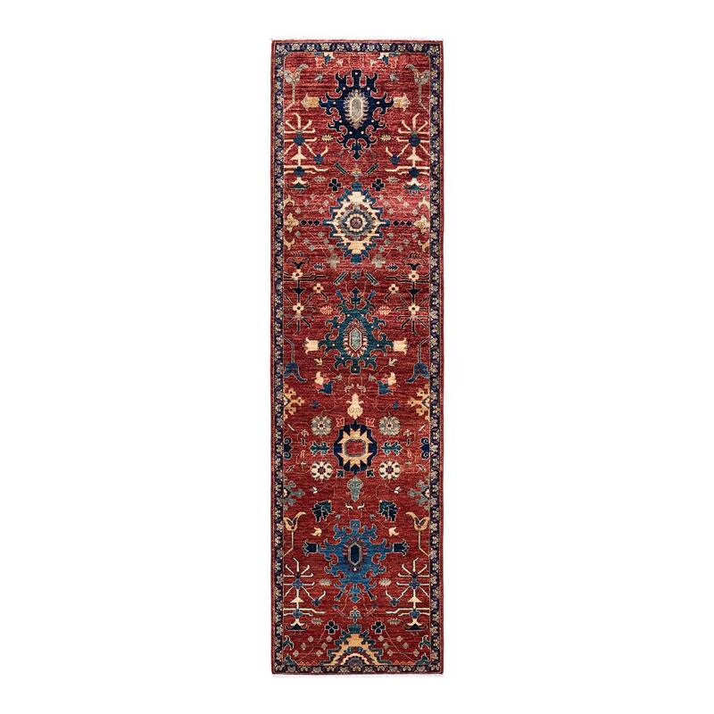 Hand Knotted Traditional Tribal Wool Blue Area Rug - 2' 7" x 10' 2"