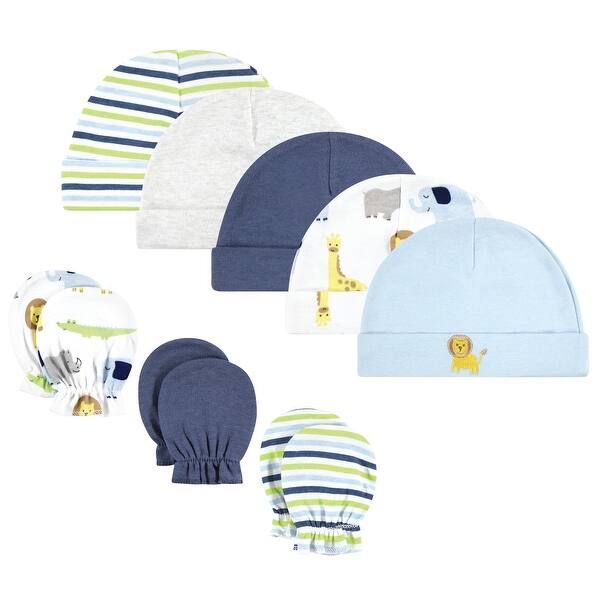 slide 1 of 1, Hudson Baby Unisex Baby Cotton Cap and Scratch Mitten Set, Boy Yellow Safari, 0-6 Months - Boy Yellow Safari 0-6 Months - Boy Yellow Safari