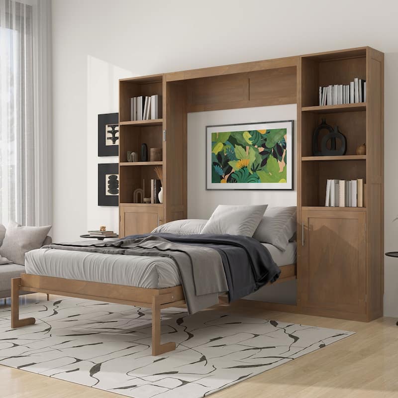 Multi-Functional Queen Size Wooden Murphy Bed with Storage Shelves and Cabinets by Harper&Bright Designs - Wood