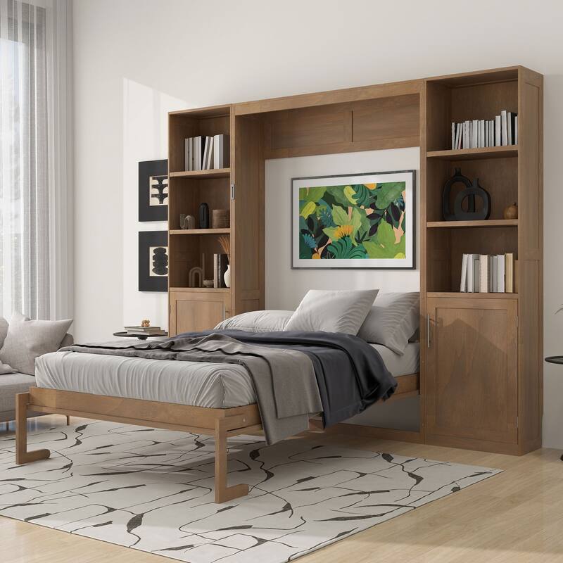 Roomfitters Queen Size Murphy Wall Bed with Shelves and Cabinets, Space Saving - Wood - Queen