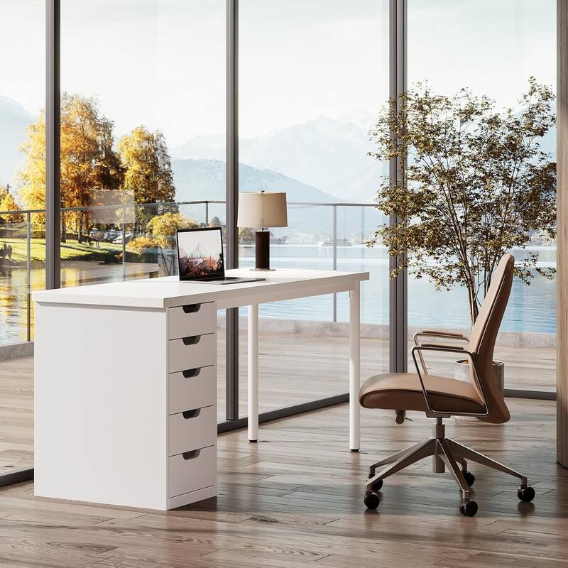 Modern Computer Desk with 5 Reversible Drawers, Storage Home Office Desk, PC/Laptop Desk, Study Writing Table Workstation