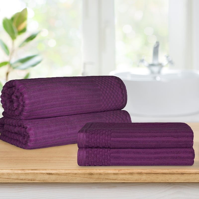 Superior Ribbed Cotton Absorbent Heavyweight Bath Sheet and Bath Towel Set - Plum