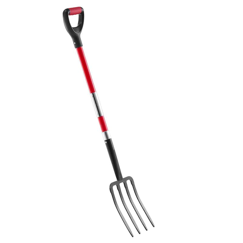 Red and Black Manganese Steel Digging Fork with Ergonomic Fiberglass Handle and Non-Slip Grip - 44.88 in x 6.89 in