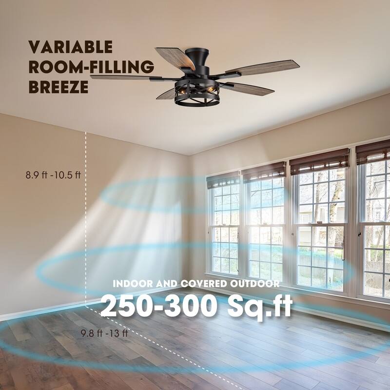 52 Inch Farmhouse Ceiling Fan with Light and Remote Black Industrial Caged Ceiling Fans for Living room - 52 in.