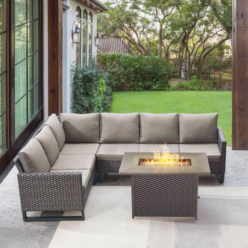 Gymojoy L-Shaped Outdoor Corner Sectional Sofa 6-seats Couch Conversation Set - 2 PCS - Fire Pit - Brown Wicker / Grey Cusion