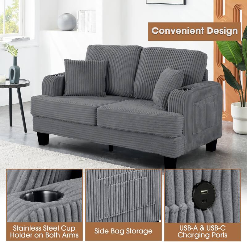 61" Contemporary Corduroy Loveseat Sofa with 2 Pillows and Cup Holder