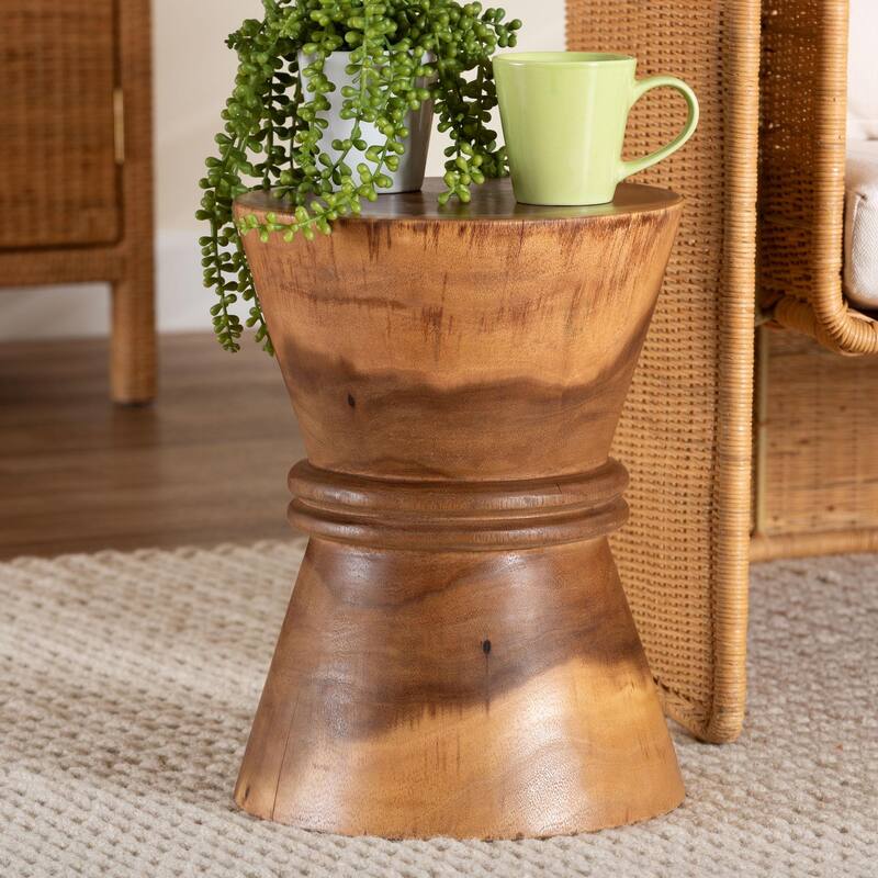 Samira Solid Suar Wood Side Table - Handcrafted Sculptural End Table with Hourglass Design, Modern Boho Style