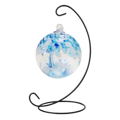 Tree Of Life 3In Aqua Hand Blown Glass Ball With Stand