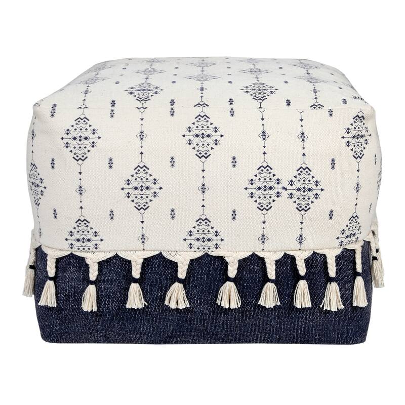 Sevita Navy and Ivory Scandinavian Ornamental Motif Pouf Ottoman