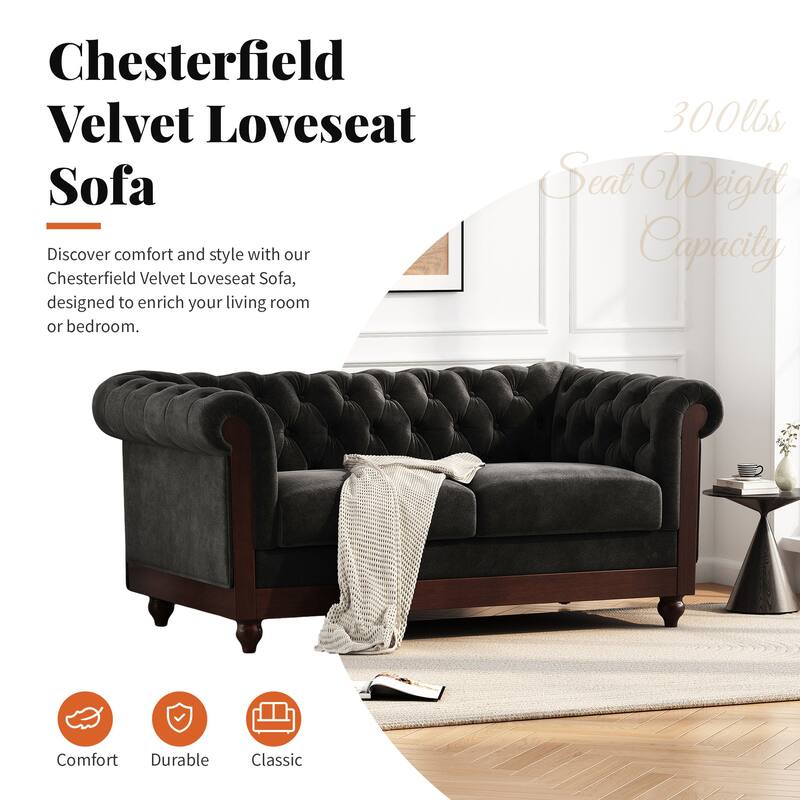 Velvet Loveseat Sofa, with Tufted Button Lounge Couch, Upholstered Sofa Couch 2-Person Rolled Armchair for Living Room