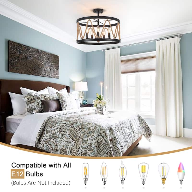 19.68 in. 5-Light Metal Hemp Rope Candlestick Semi-Flush Mount Light Ceiling Light for Kitchen Island