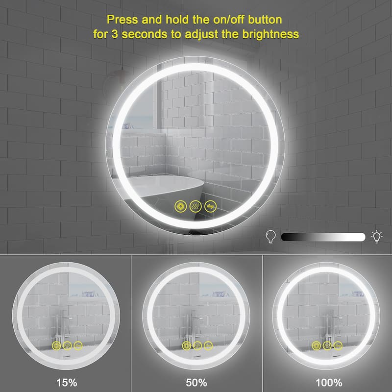 SmartShine Contemporary LED Dimmable 24" Round Anti-Fog Backlit Bathroom Vanity Mirror - Clear