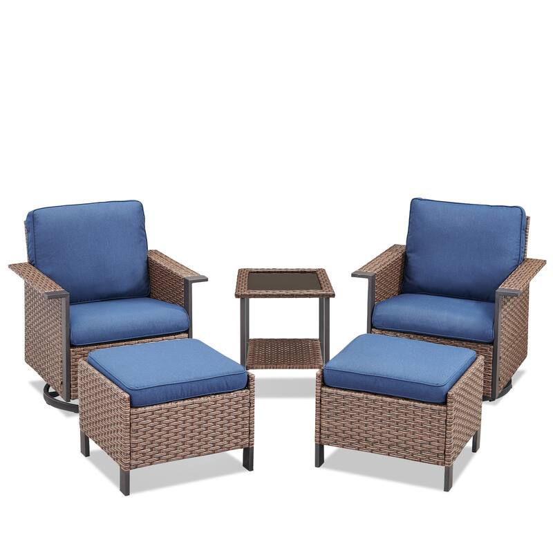 Pocassy Outdoor Wicker 5-Piece Swivel Chair Table with Ottoman