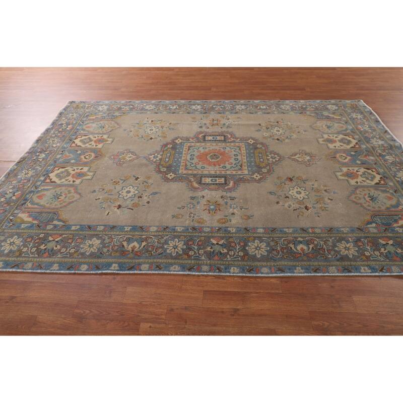 Brown Geometric Bakhtiari Persian Vintage Rug Handmade Wool Carpet - 6'9"x 9'4"