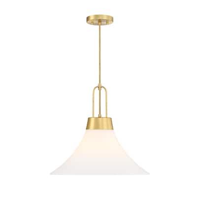 Evergreen Oasis 60 Watt 1-Light Brushed Gold Down Pendant Light with Etched Opal Glass Shade - 16.5