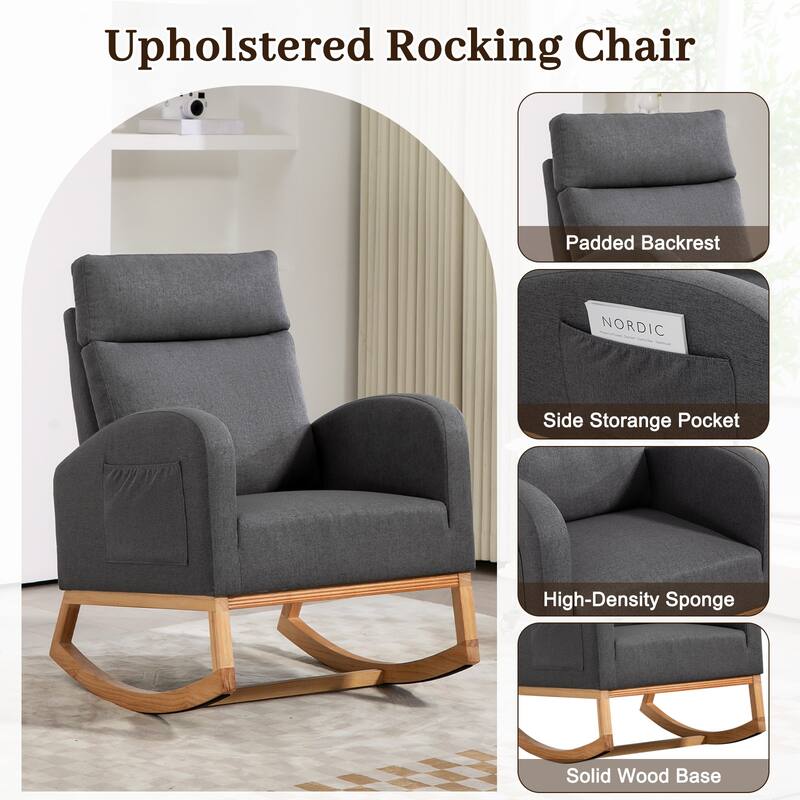 Nursery Chair Rocking Chair Glider Chair, Upholstered Accent Chair with Rubber Wood Legs, Comfy High Backrest, Side Pockets
