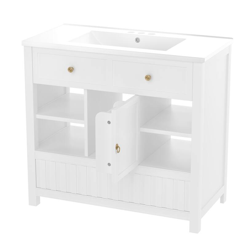 36" Bathroom vanity with sink, multi-functional bathroom cabinet with doors and storage shelves, featuring drawers
