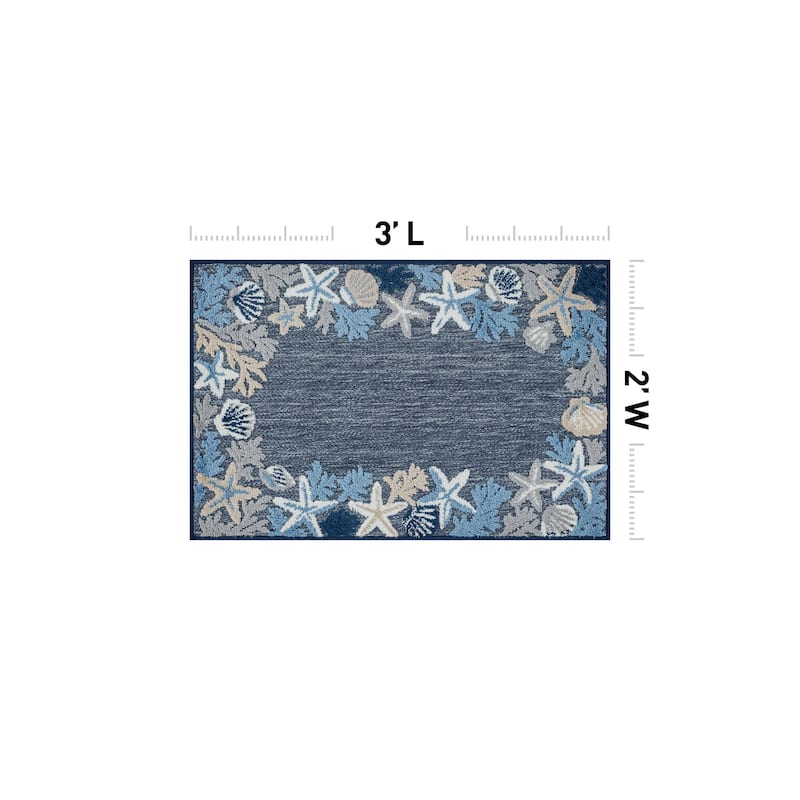 World Rug Gallery Indoor/Outdoor High-Low Textured Area Rug, Coastal Border Easy-Clean Patio Rug