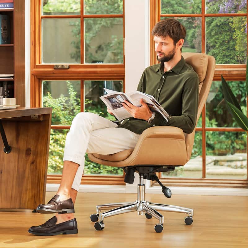 Glitzhome Modern High Back Adjustable Swivel Office Chair with Wheels Ergonomic - Camel