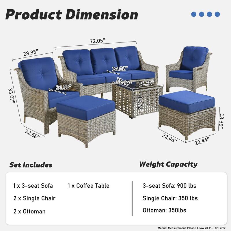 HOOOWOOO 6-pieces Wicker Patio Furniture Conversation Set with Coffee Table