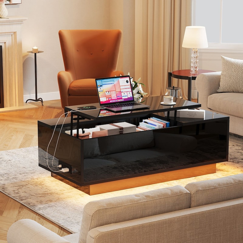 47" LED Lift Top Coffee Table with Charging Station, Hidden Storage & 7-Color Lights, Modern High Gloss Center Table - Black